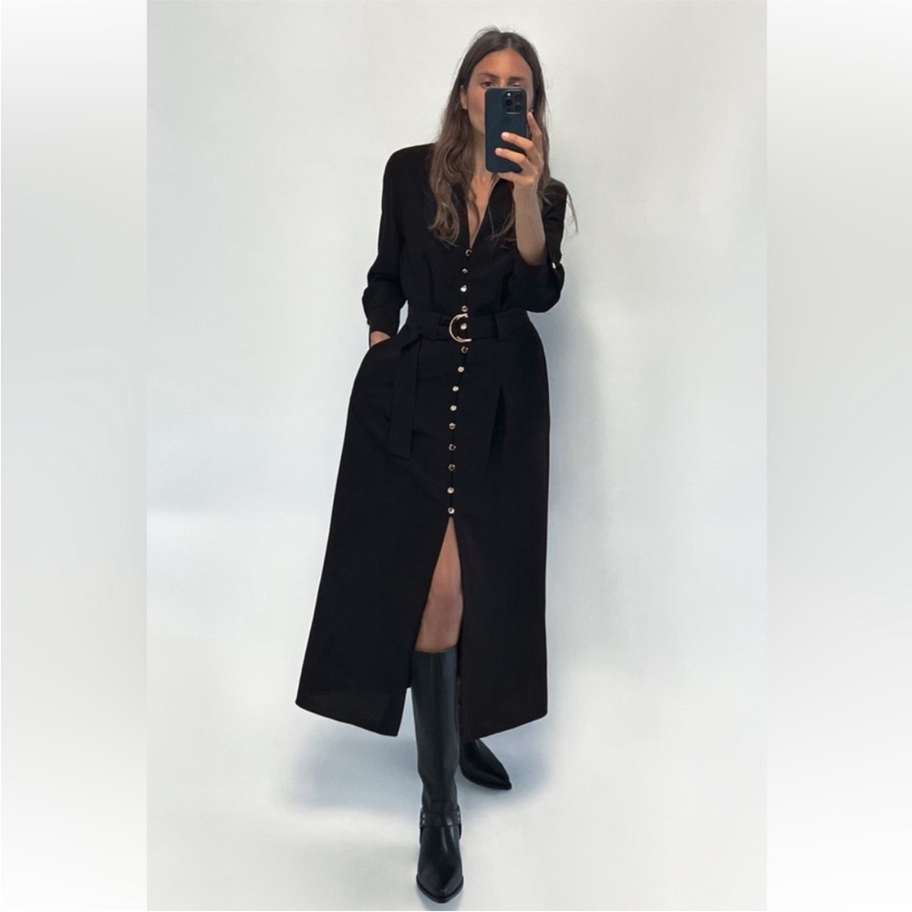 Zara Black Belted Midi Shirt Dress with Gold Buttons